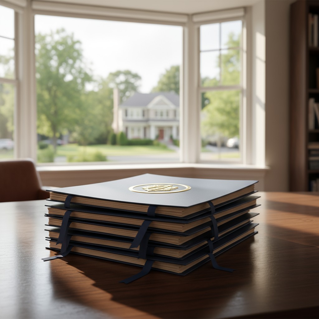 A stack of books with a gold seal on top, sitting on a wooden table in front of a window with a house and trees in the bac...