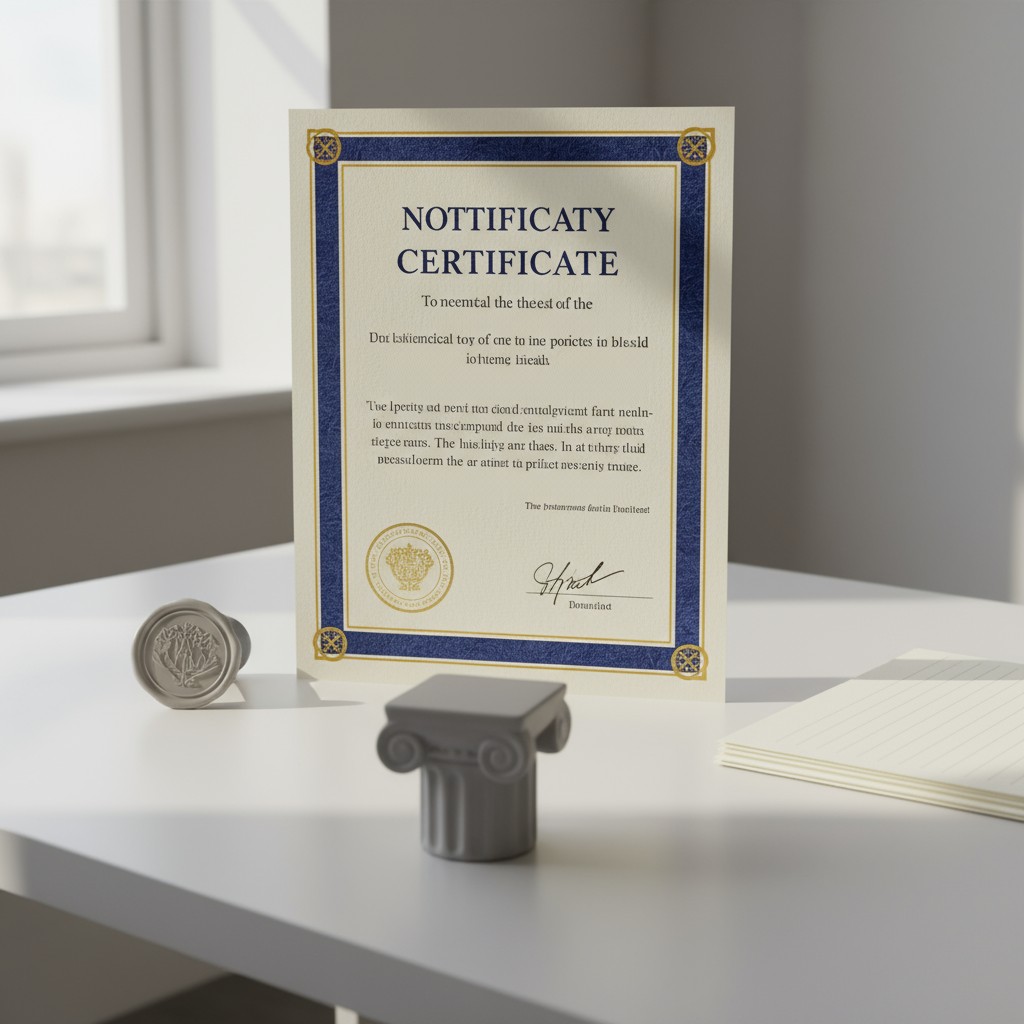 A Notary certificate with gold and blue trim sits on a white table, accompanied by a seal and small gray pedestal.