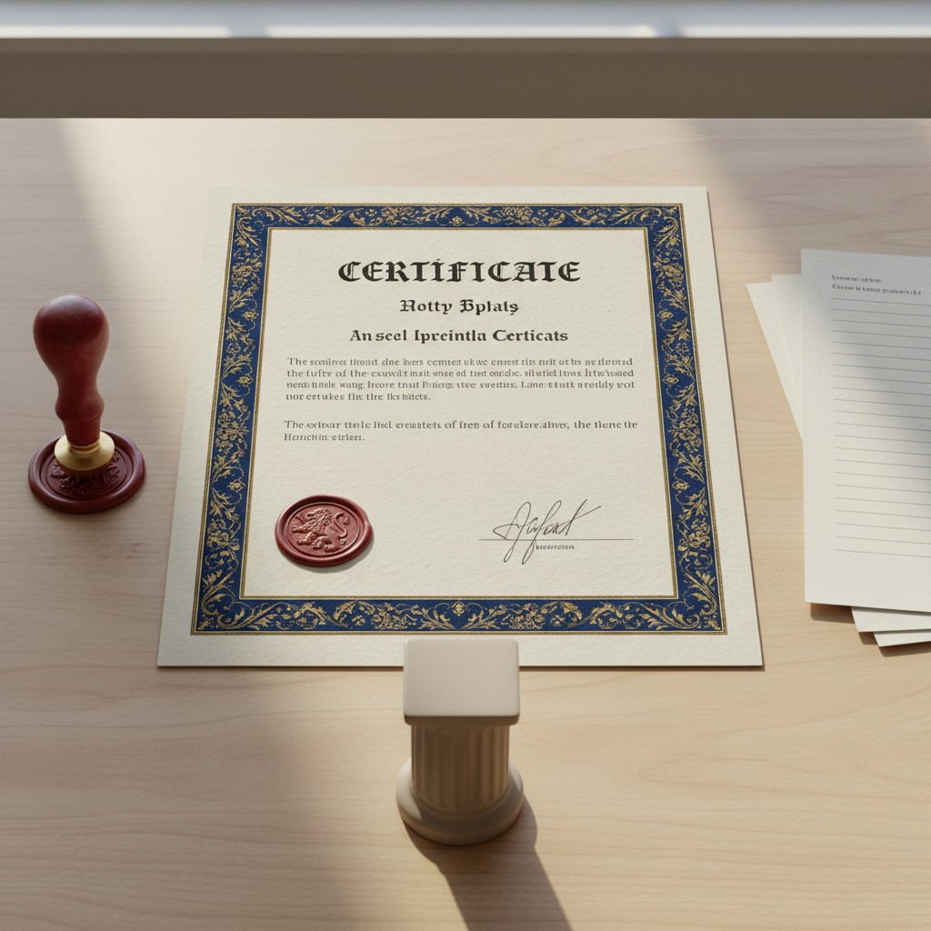 A seal and an untidy certificate made of paper and with an ornate blue and gold border rests on a wooden desk with a beige...